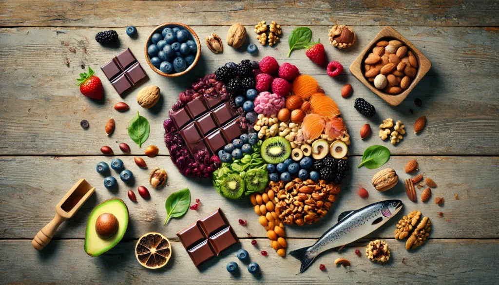 Flat-lay of colorful foods including dark chocolate, berries, nuts, and fatty fish arranged in a brain shape on a rustic surface, highlighting memory enhancement through nutritious eating.