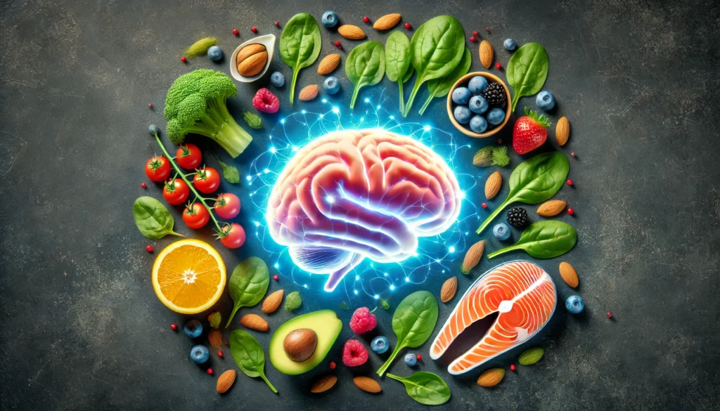 Glowing brain surrounded by fresh healthy foods like almonds, spinach, and berries on a dark background, symbolizing better memory and exam focus through brain-healthy nutrition.