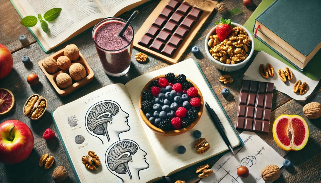 Study desk with mixed berries, walnuts, dark chocolate, and a smoothie next to study materials, evoking preparation, focus, and memory improvement through nutritious snacks.
