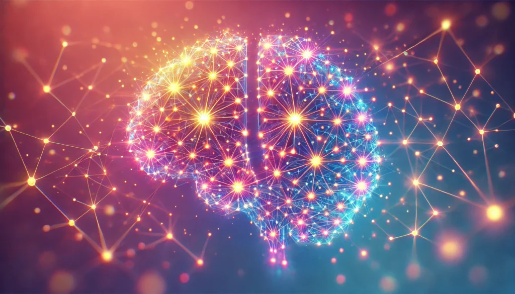 Interconnected glowing lines forming a brain pattern with bright nodes on a calming gradient background, symbolizing stronger neural connections and improved memory.