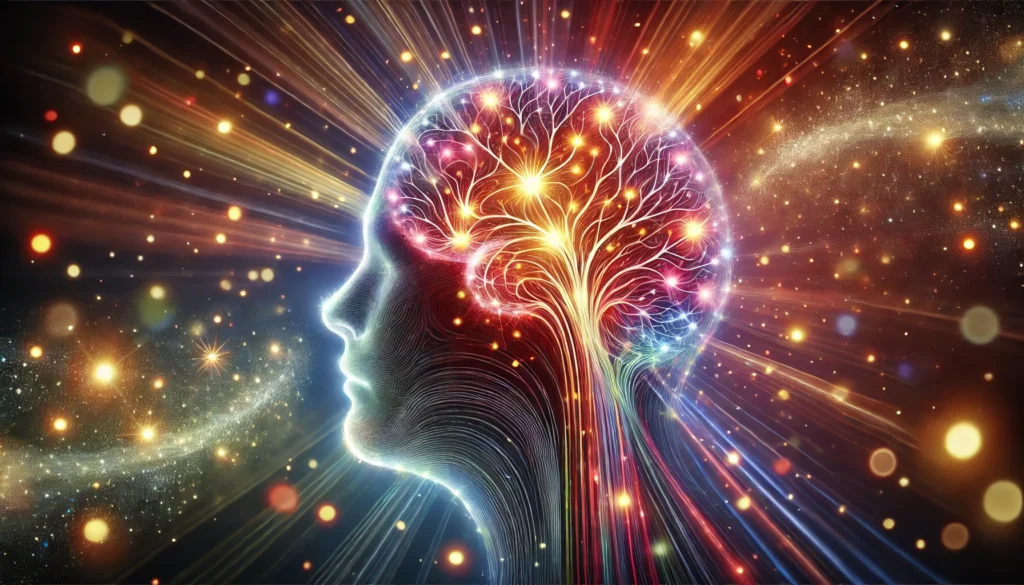A human head silhouette with vibrant neural pathways and a colorful aura, visualizing improved memory through strategic learning methods.
