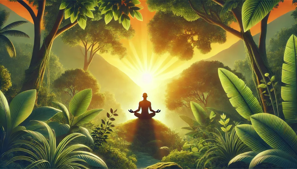 A serene outdoor meditation scene with a person sitting in nature, surrounded by lush greenery, as the golden sunrise creates a peaceful ambiance, symbolizing mental clarity.