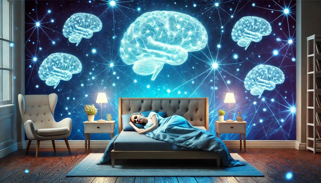 A visually engaging representation of deep sleep and brain recovery, featuring a peaceful bedroom setting with a person sleeping, surrounded by dreamy blue lighting and floating neuron imagery.