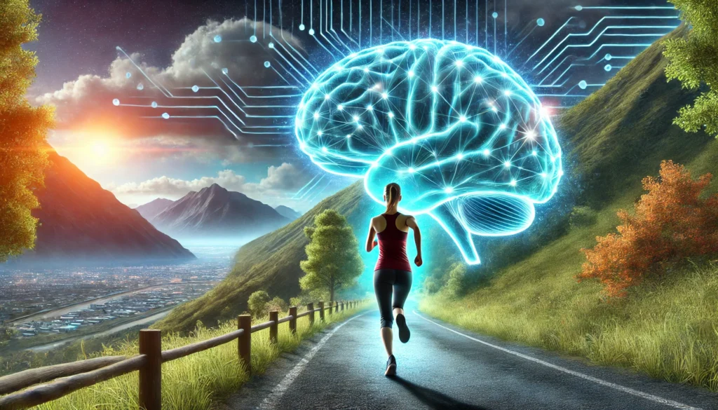 A dynamic scene of physical exercise enhancing brain function, with a person jogging on a scenic trail, a glowing brain subtly integrated into the background, symbolizing cognitive improvement.