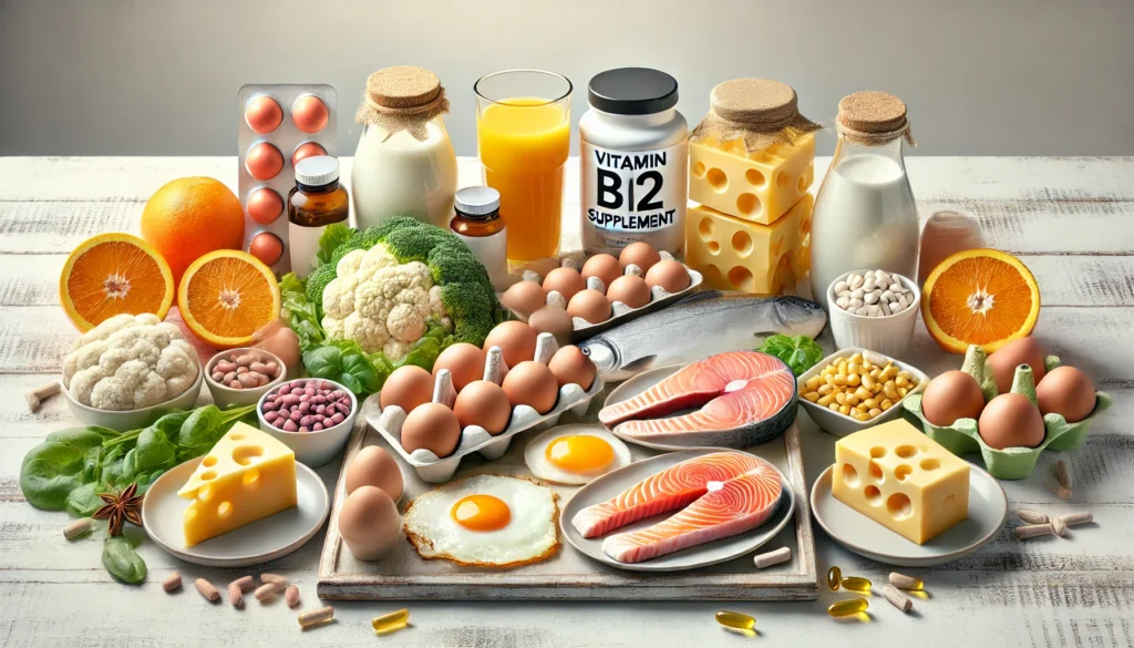 A bright and inviting composition of vitamin B12-rich foods, including eggs, salmon, cheese, and dairy products, alongside B12 supplement capsules. The clean background highlights the nutritional elements essential for cognitive health.