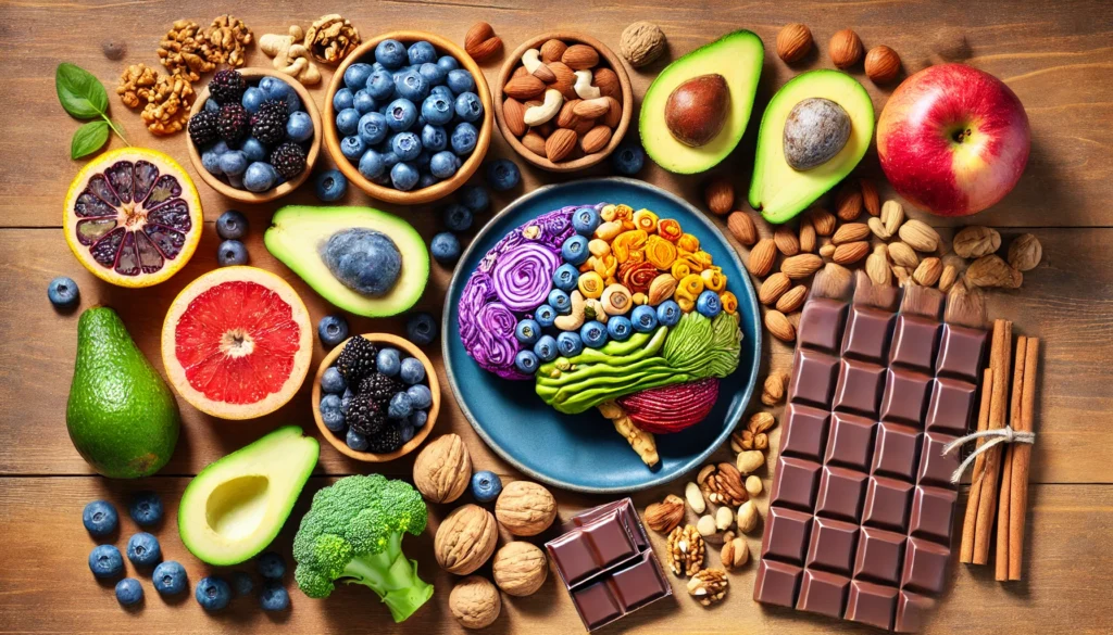 A vibrant selection of brain-boosting foods, including blueberries, nuts, avocado, and dark chocolate, artfully arranged on a wooden table, representing a diet that supports focus and mental clarity.