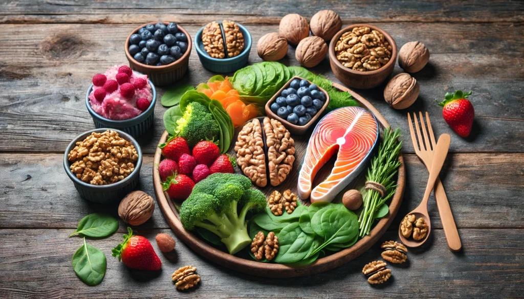 A nutritious assortment of brain-boosting foods, including salmon, leafy greens, walnuts, and berries, arranged on a rustic wooden table, emphasizing the role of diet in supporting cognitive health and reversing cognitive decline.