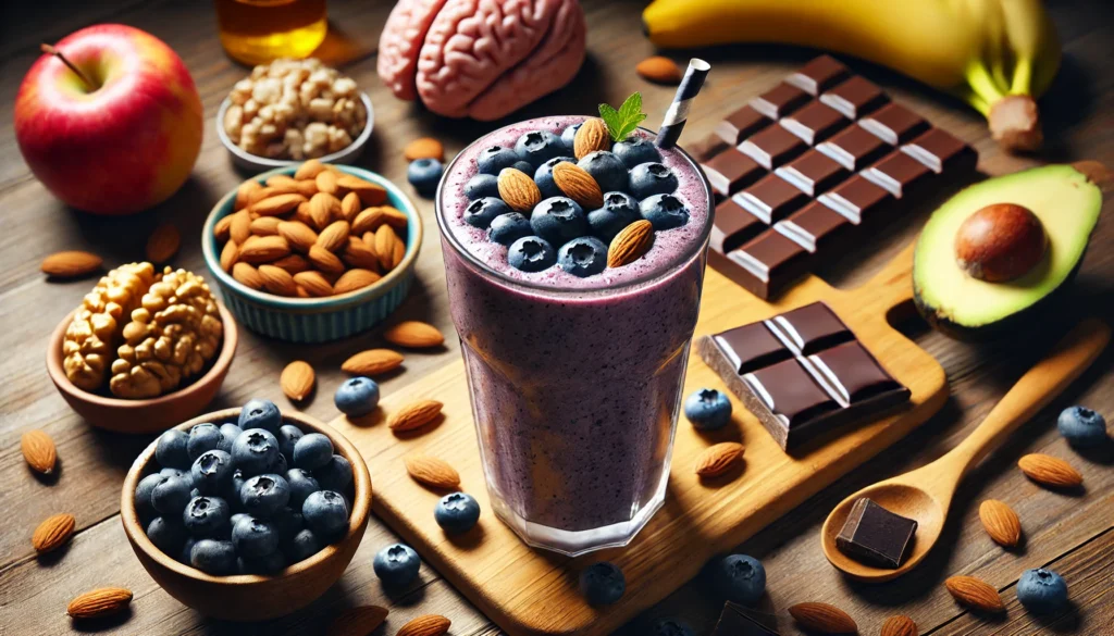 A close-up of a brain-boosting smoothie made with blueberries, almonds, and dark chocolate on a wooden table, surrounded by fresh ingredients, emphasizing nutrition for better concentration.