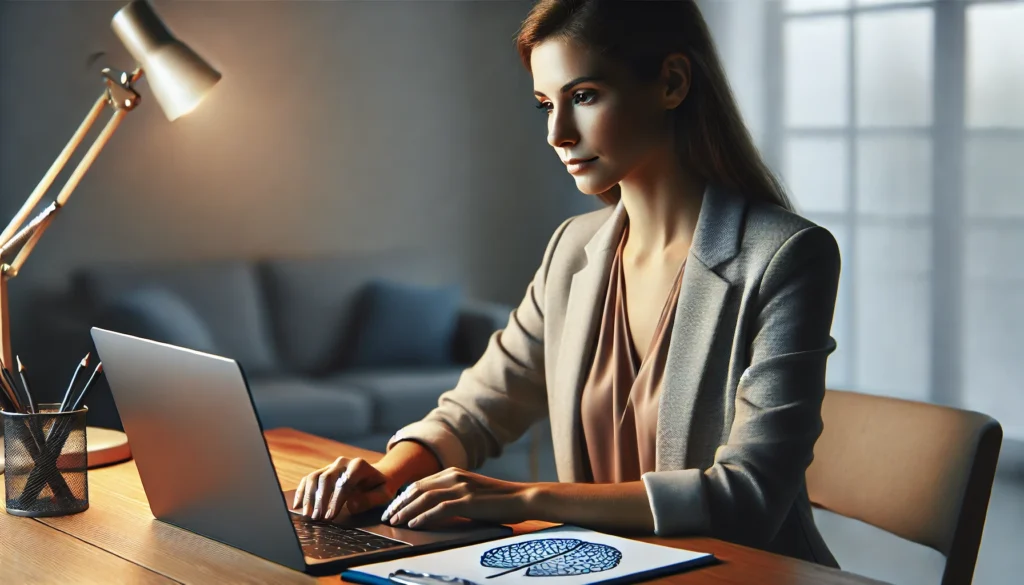 A woman sitting at a desk in a quiet study room, concentrating on a brain training exercise on her laptop in a well-organized and calming workspace.