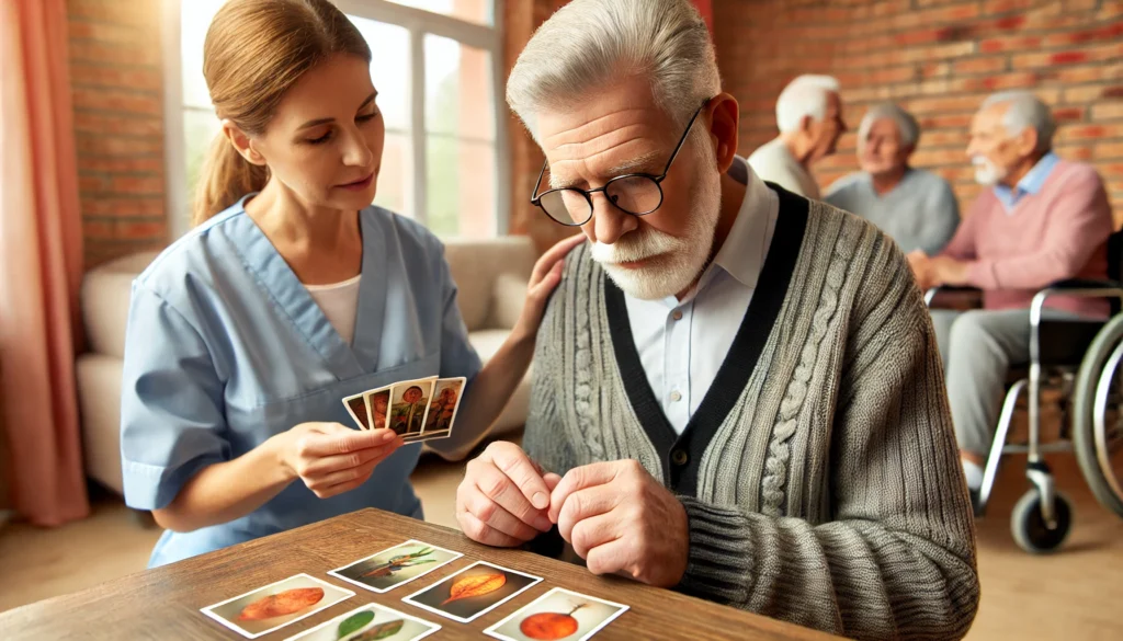 An elderly man with dementia participating in a memory care therapy session. The scene includes a warm and inviting space with a therapist guiding him through a cognitive exercise using picture cards. Other seniors in the background are engaged in similar activities, fostering a supportive environment.