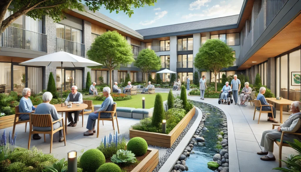 A peaceful dementia care unit courtyard in a nursing home, designed with safety and comfort in mind. Elderly residents enjoy a lush garden, sitting on benches and engaging in gentle activities like gardening and talking with caregivers. The space features a secure walking path, soft landscaping, and calming water features.