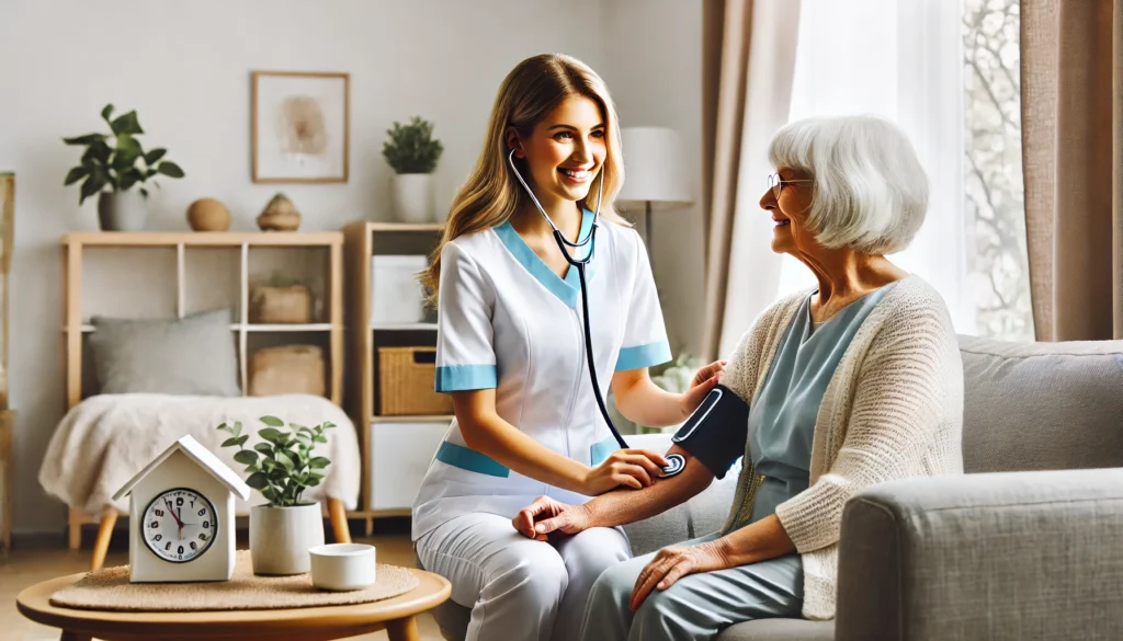 A cozy in-home care setting where a professional nurse attentively checks an elderly patient’s vital signs. The home is bright, well-organized, and inviting, reflecting personalized medical care in a comfortable environment.