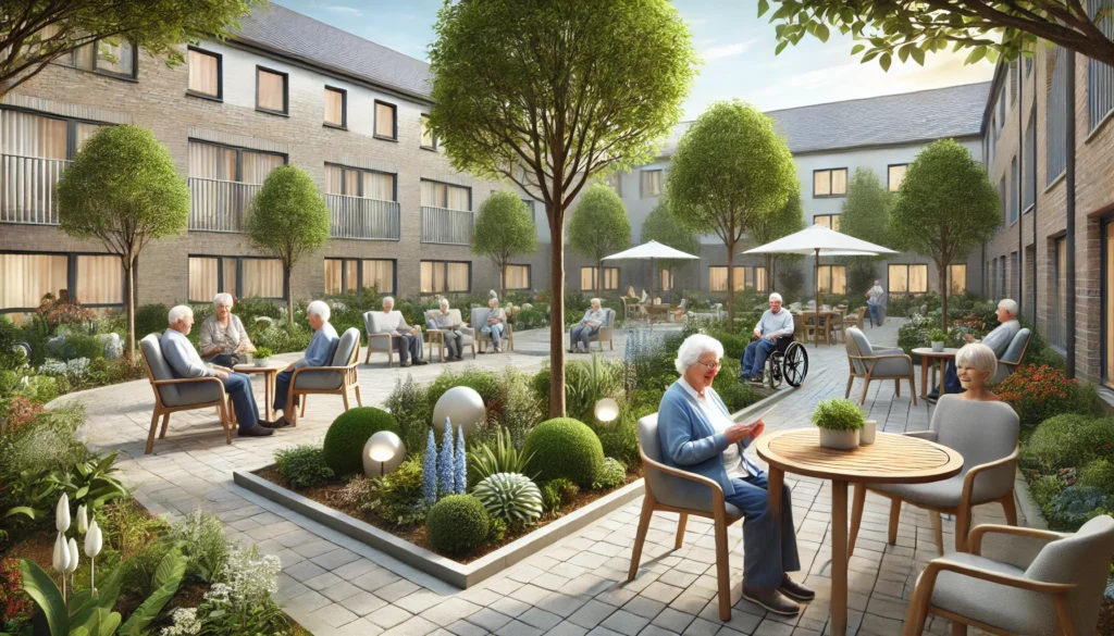 A serene memory care facility with a secure outdoor garden where elderly residents with dementia are engaged in gentle exercises and socializing. The environment includes sensory-stimulating plants, comfortable seating, and clear pathways to ensure safety and relaxation.