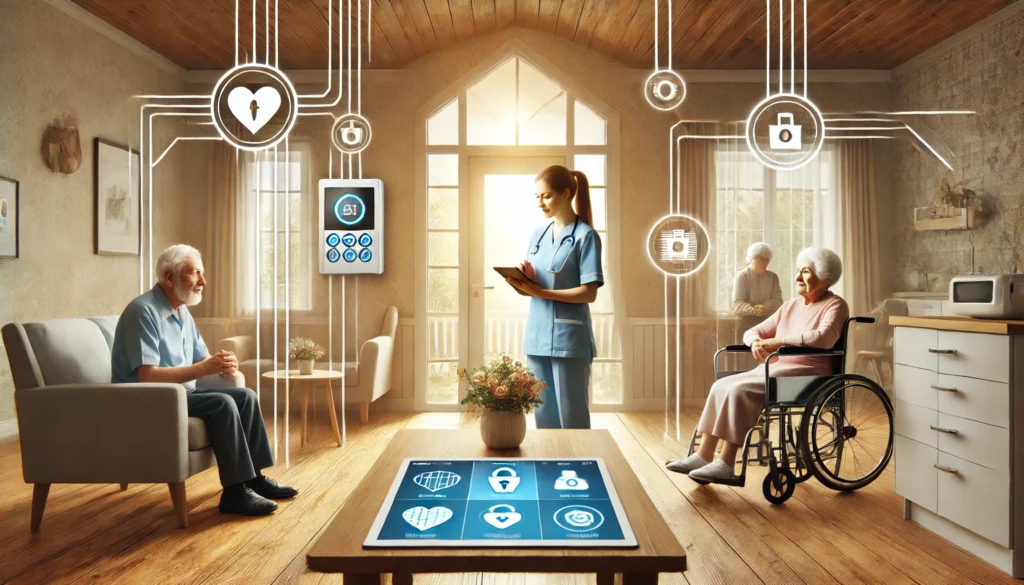 A memory care facility integrating advanced technology, including a digital monitoring system, smart security doors, and a caregiver using a tablet to track patient health, ensuring safety and personalized care.