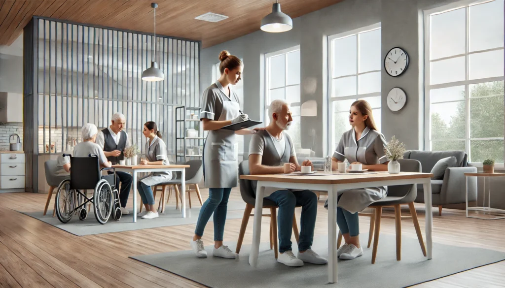 A modern caregiver facility with trained staff assisting residents with meals, light exercises, and social engagement. The facility is well-lit with large windows, providing a clean and communal setting for quality caregiving