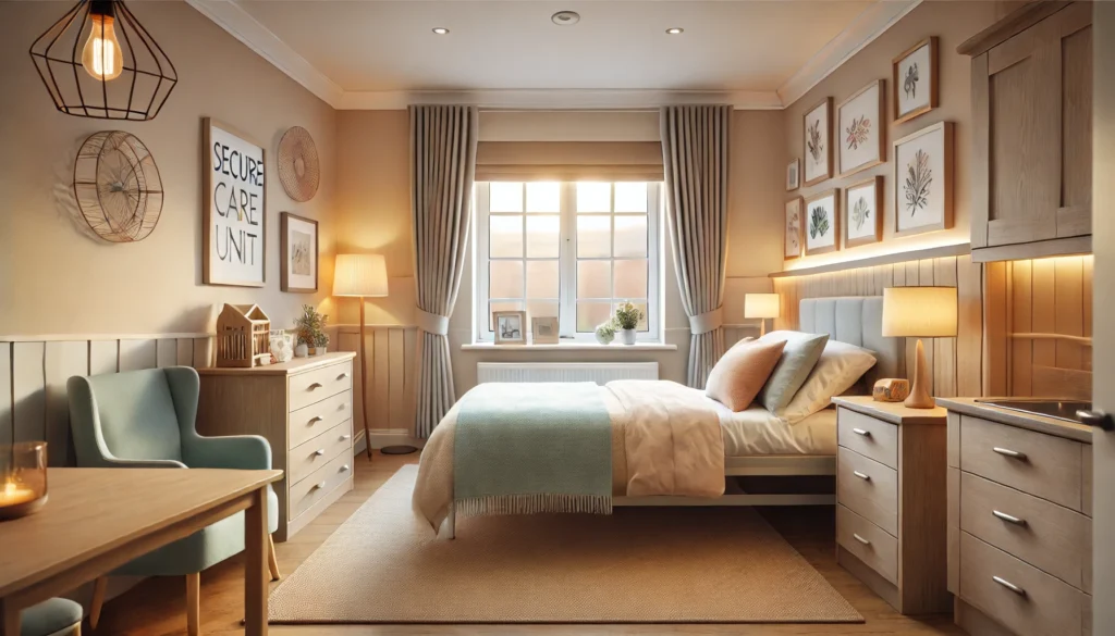 A secure dementia care unit bedroom in a nursing home, designed for comfort and familiarity. The room includes a neatly made bed with soft pastel bedding, personal decorations like framed family photos, and warm lighting. A large window allows natural light to enter, creating a peaceful and homely atmosphere.