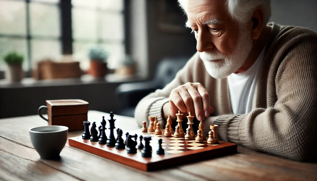 An elderly person playing chess in a quiet, thoughtful setting. The focus is on strategic thinking and mental engagement, symbolizing brain training for cognitive function and memory retention.