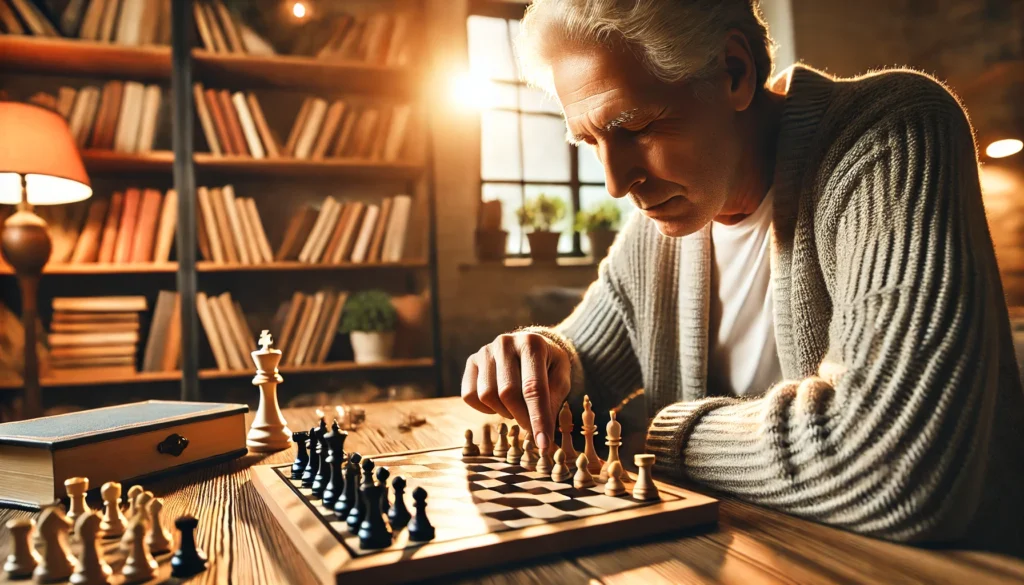 Elderly individual deeply engaged in a puzzle or chess game in a cozy indoor setting, highlighting cognitive stimulation and brain exercise.