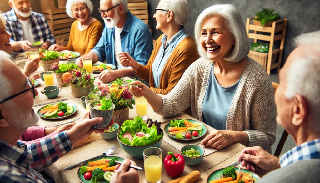 Lively social gathering of elderly individuals enjoying a nutritious meal together, emphasizing the importance of social interaction and diet for brain health