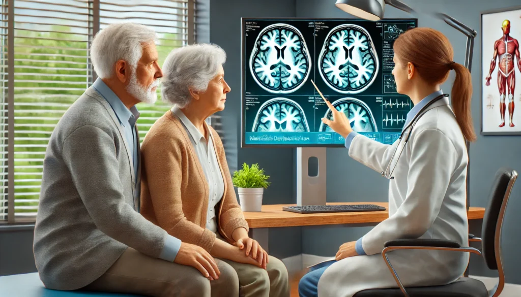 An elderly couple sits in a doctor’s office, attentively listening to a neurologist explaining brain scans on a monitor, representing early detection and medical intervention for mild cognitive impairment (MCI).