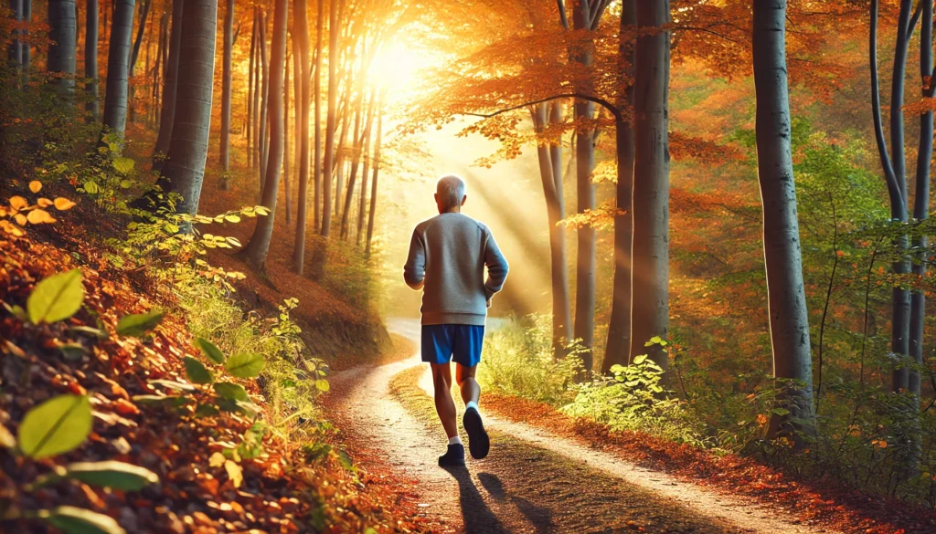 Elderly person jogging on a scenic forest trail during sunrise, illustrating the benefits of physical exercise in enhancing cognitive function