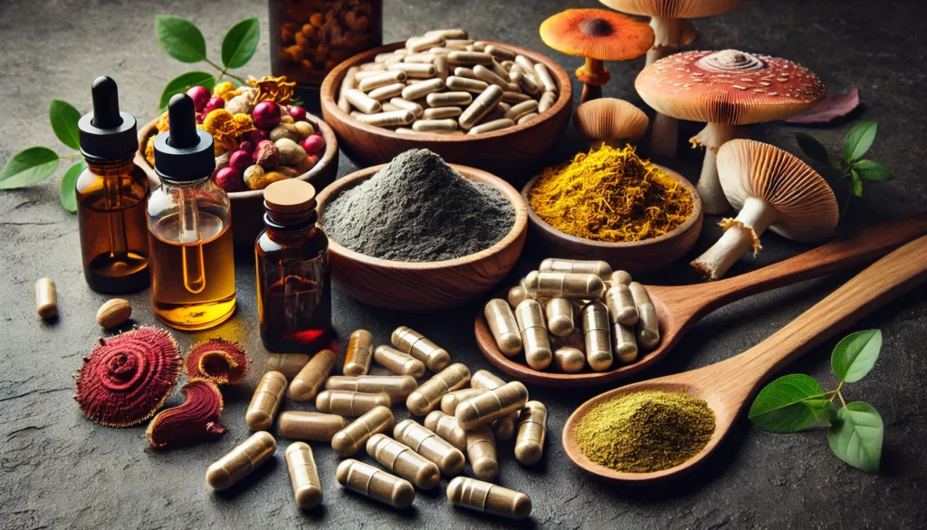 A dark stone background showcasing various nootropic forms, including a wooden spoon with powdered adaptogens, a glass bowl of unbranded capsules, and a dropper bottle with a golden liquid extract, surrounded by ginkgo biloba, lion’s mane mushrooms, and Rhodiola rosea.