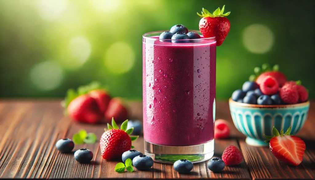 A glass of fresh berry smoothie with blueberries, strawberries, and raspberries around it, featuring a vibrant purple-red hue, served in a modern glass with condensation