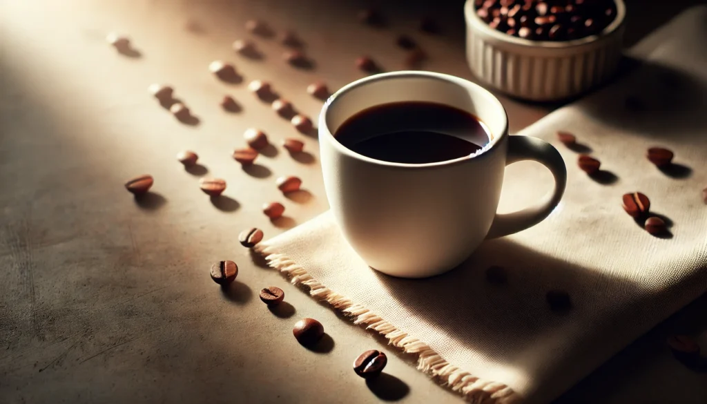 A warm cup of black coffee in a minimalist white ceramic mug, placed on a wooden table with scattered coffee beans, illuminated by soft morning light.