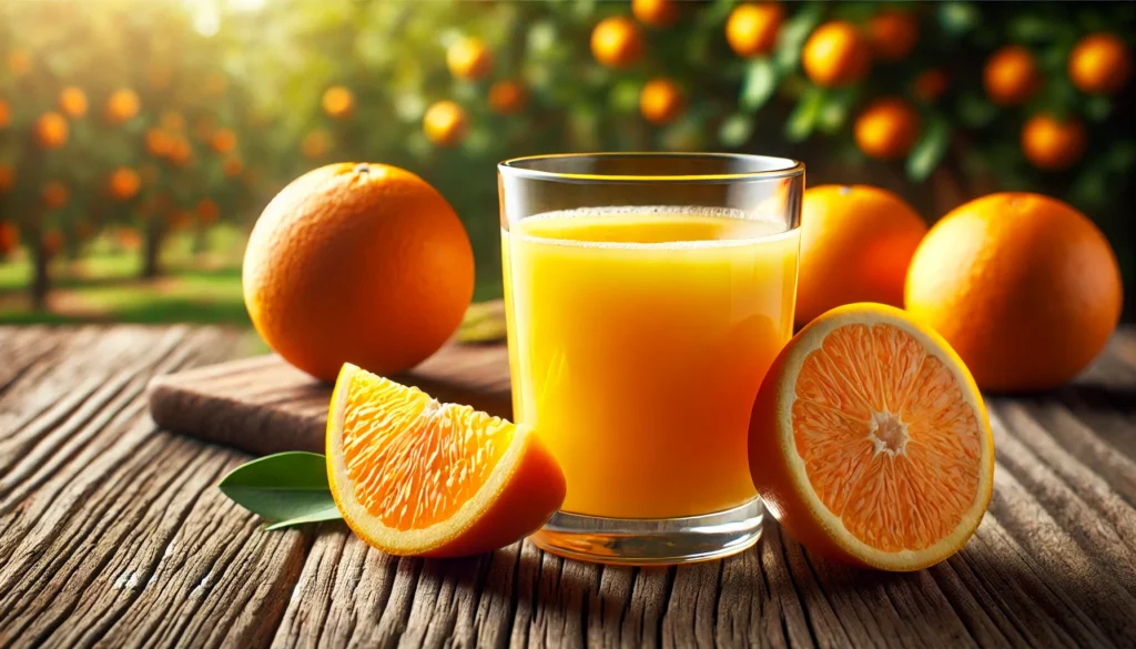 A glass of freshly squeezed orange juice with a whole orange and slices beside it, set on a rustic wooden surface with a blurred citrus orchard in the background
