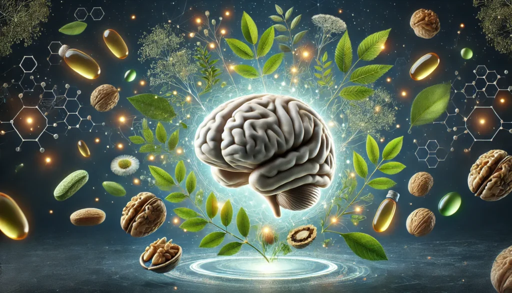 A futuristic 3D rendering of a glowing brain surrounded by natural ADHD focus supplements, including omega-3 fish oil capsules, walnuts, green tea leaves, and ginseng, floating in a softly illuminated dark space.