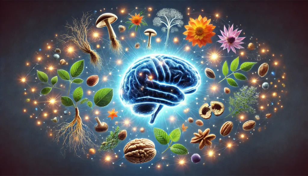 A glowing conceptual representation of a human brain with floating elements of ginseng roots, lion’s mane mushrooms, Bacopa monnieri leaves, Rhodiola rosea flowers, and omega-3 walnuts, symbolizing cognitive enhancement.