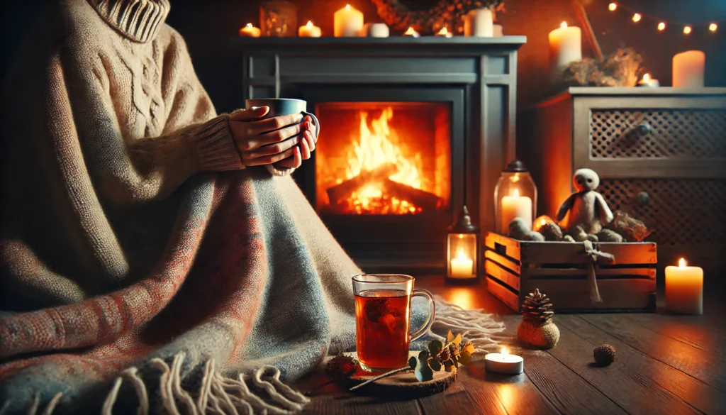 A person wrapped in a warm blanket, sitting by a fireplace and holding a cup of herbal tea, surrounded by a soft glow, symbolizing relaxation and mental calmness.