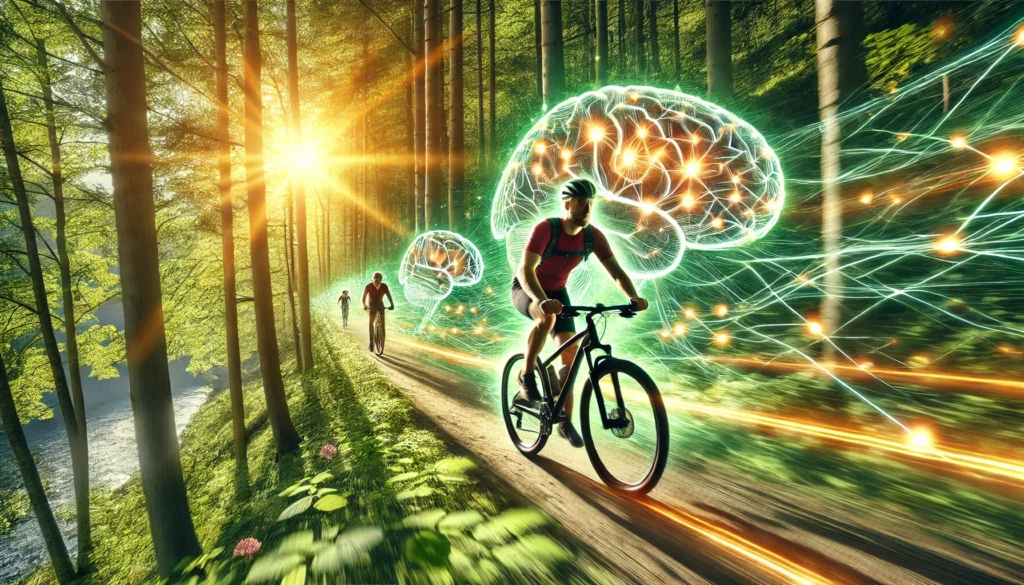 A cyclist riding through a scenic forest trail, surrounded by lush greenery and dappled sunlight. The movement and energy of the ride symbolize increased mental alertness and cognitive benefits of exercise.