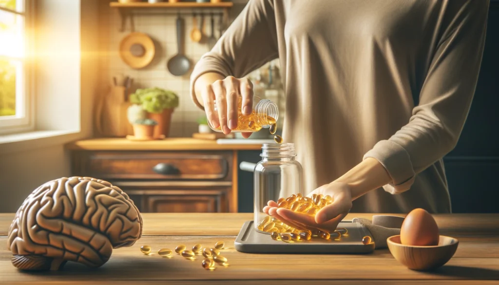 A person pouring Omega-3 fish oil capsules from a bottle into their hand in a bright, natural kitchen setting, emphasizing brain health and cognitive enhancement."