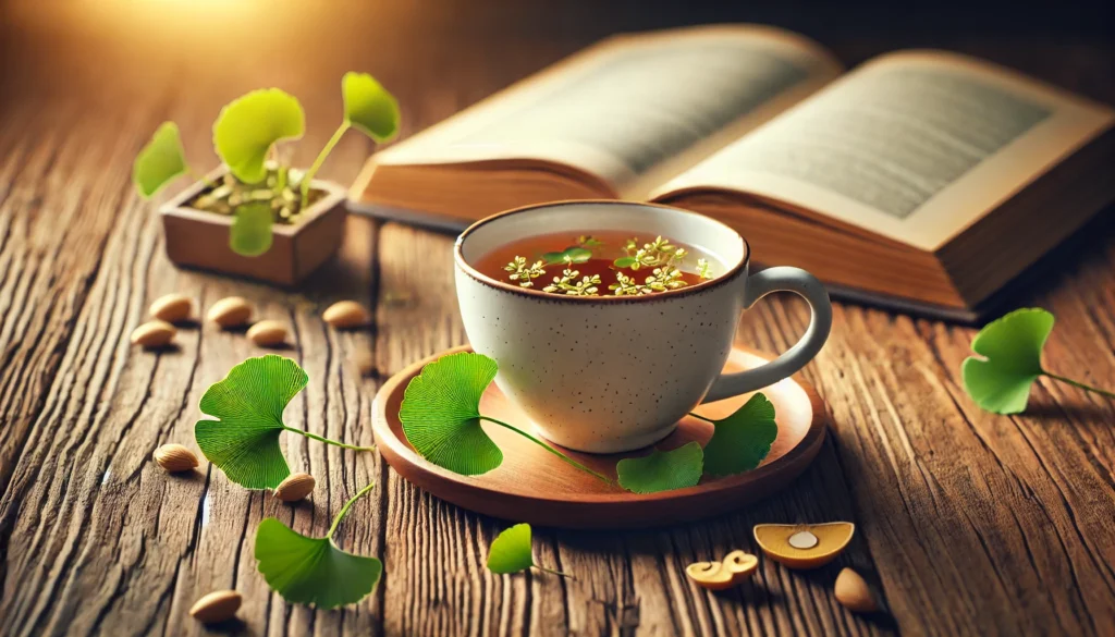 A cup of herbal tea infused with Bacopa Monnieri and Ginkgo Biloba leaves on a wooden table near an open book, set in warm, natural lighting to promote focus and cognitive clarity."