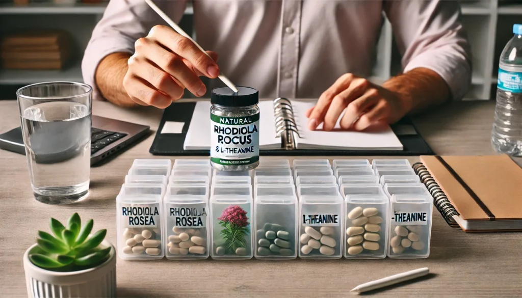 A person organizing natural focus supplements, including Rhodiola Rosea and L-Theanine, into a daily pill organizer on a clean, well-lit desk with a notepad and a glass of water, promoting a mindful supplement routine for cognitive clarity.