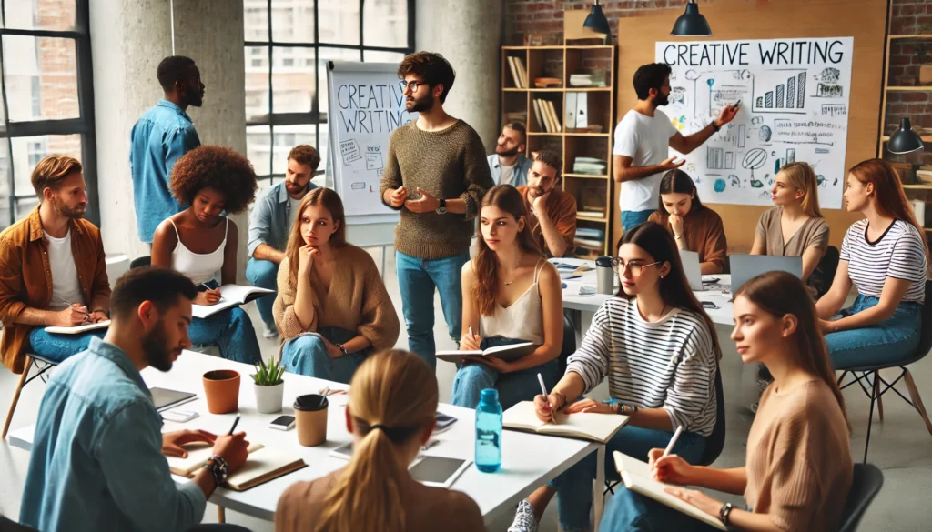 A diverse group of individuals participating in a creative writing workshop in a modern, well-lit classroom. Some participants are writing in notebooks, while others discuss ideas with peers. The atmosphere is engaging and collaborative, with a facilitator guiding the session. The background features bookshelves and whiteboards filled with brainstorming notes."