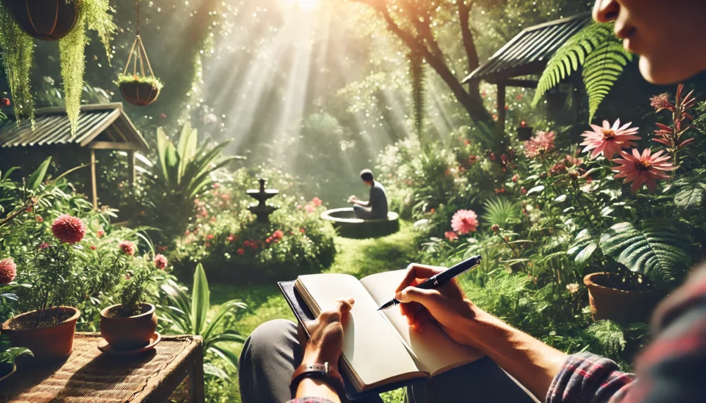 "A person sitting in a serene outdoor garden, writing in a journal with a fountain pen. The surrounding area is lush with greenery and blooming flowers, creating a peaceful and inspiring atmosphere. Sunlight filters through the trees, casting dappled light on the page."