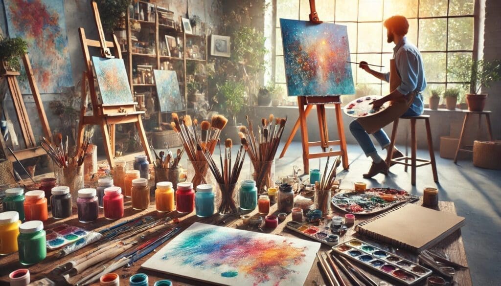 An artist's workspace – filled with paints, brushes, sketchbooks, and creative tools, featuring an individual actively painting in a well-lit environment.