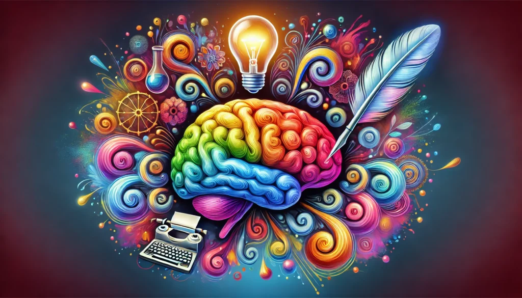 A vibrant digital illustration of a brain surrounded by creative symbols like a lightbulb, a quill, and abstract colorful swirls, representing the psychology of creativity in writing.