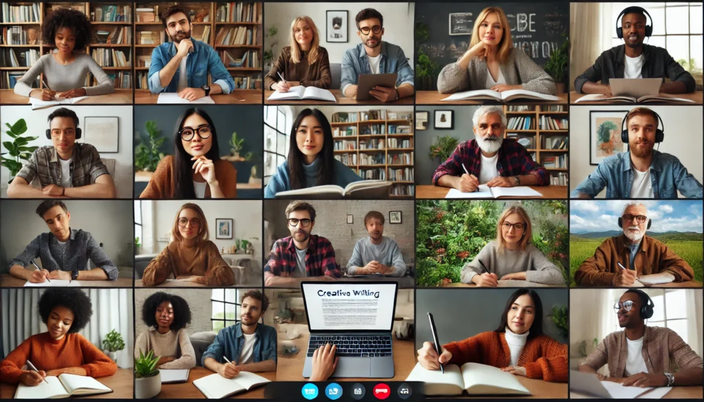 A diverse group of people in an online creative writing class on a video call, each participant appearing engaged, with notebooks, pens, and a shared digital document visible on their screens.