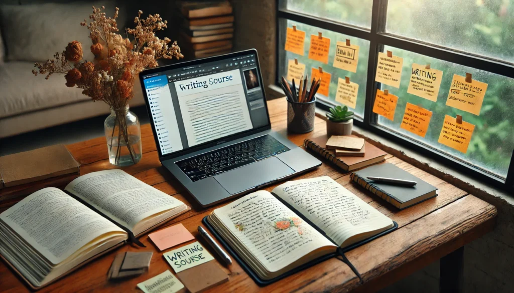 A writer’s workspace featuring an open notebook with handwritten notes, a laptop displaying a writing course, and sticky notes filled with ideas. A window with natural light enhances the atmosphere.