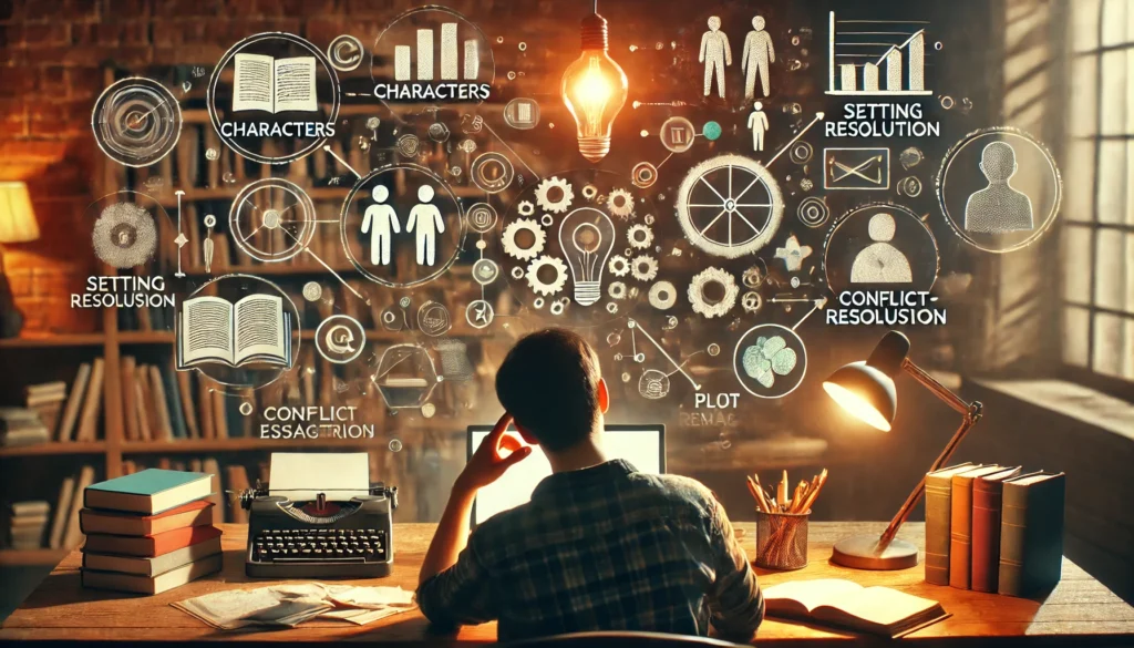 An aspiring author brainstorming ideas at a desk, surrounded by floating elements representing storytelling essentials: characters, plot diagrams, setting imagery, and a conflict-resolution scale. The workspace is cozy with warm lighting, a laptop, and a stack of books.
