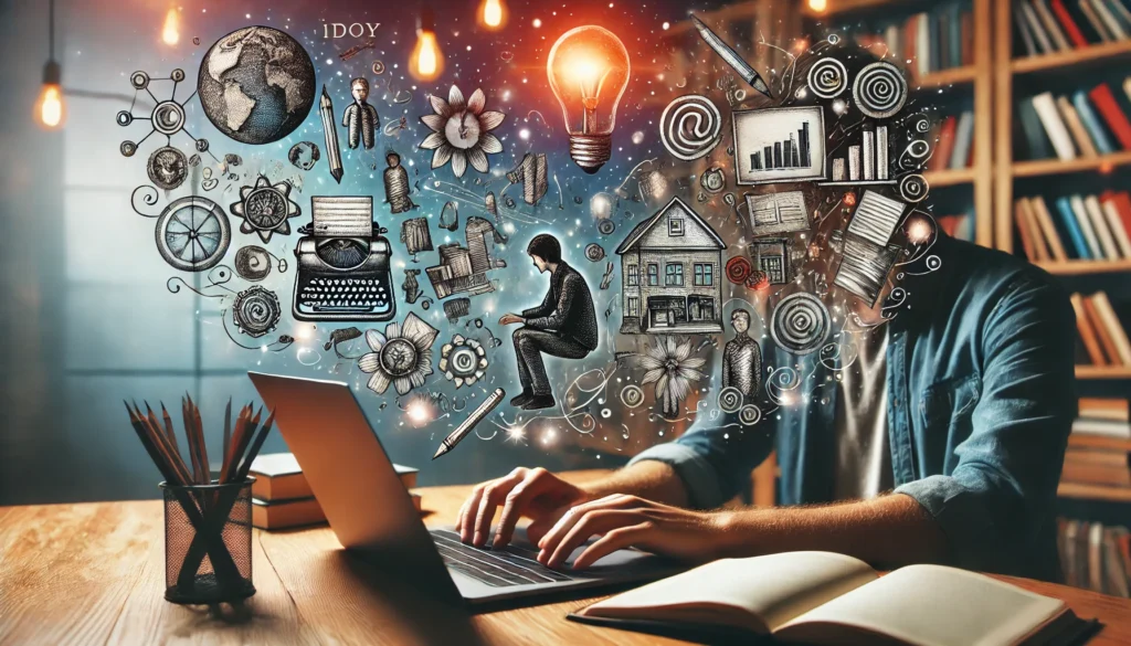 A creative depiction of the writing process with a writer at a desk, typing on a laptop while ideas visually manifest around them as floating story elements—characters, book outlines, and world-building sketches. The background is inspiring, with a bookshelf and soft lighting.