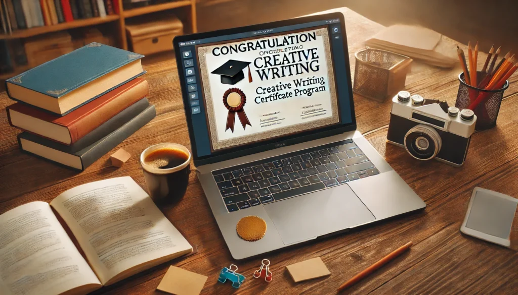 A virtual classroom of creative writing students in an online certificate program, with notebooks and writing tools.