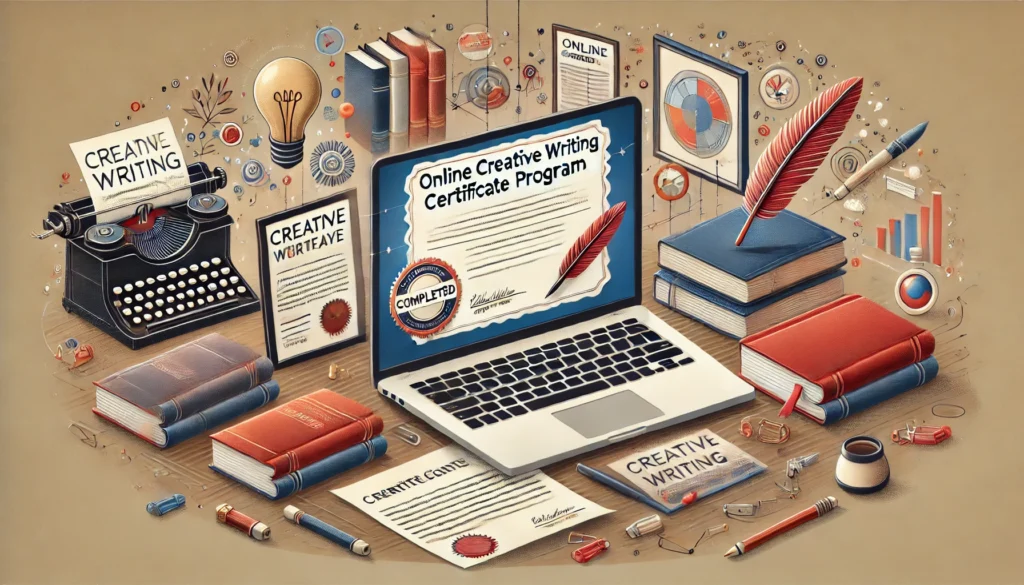A digital summary of an online writing certification program with certificates, books, and a writing desk.