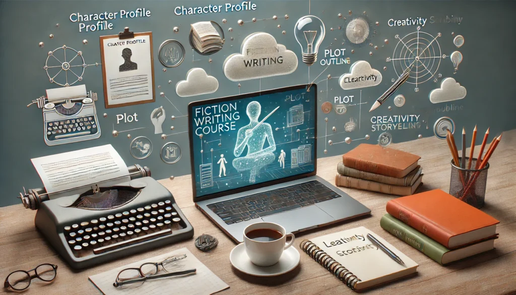 A modern workspace featuring a writer taking an online fiction writing course. The laptop screen displays a virtual writing lesson, with books, a notepad, and a coffee cup on the desk. Floating elements like a character profile, a plot outline, and a creativity lightbulb represent learning and storytelling.