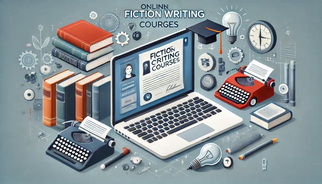 A summary representation of online fiction writing courses. The image features a laptop displaying a course interface, a diploma, floating books, a typewriter, and a creativity lightbulb. The background suggests an inspiring and productive learning environment.