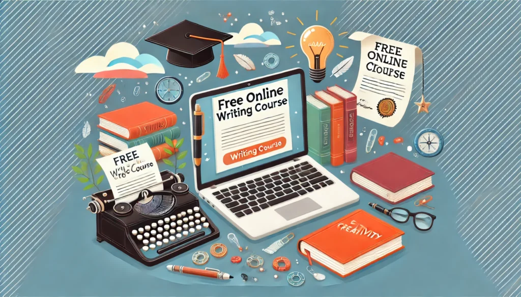 A summary representation of free online writing classes. The image features a laptop displaying a writing course, a diploma, floating books, a typewriter, and a creativity lightbulb. The background suggests an inspiring and productive learning environment.