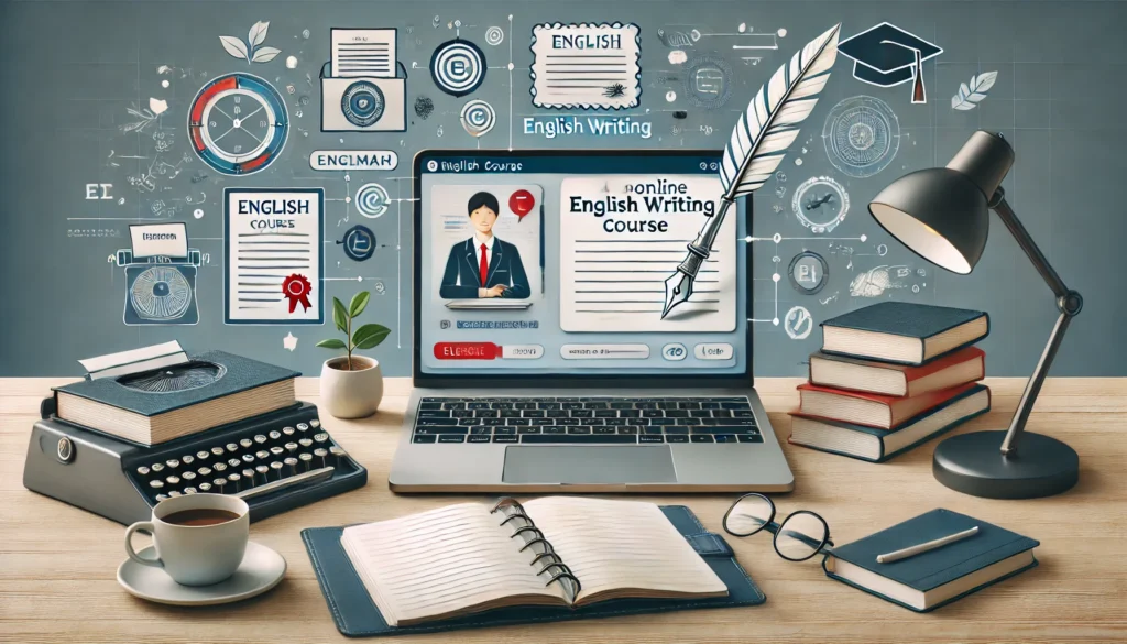 A modern workspace featuring a student taking an online English writing course. The laptop screen displays a virtual lesson on grammar and composition, with books, a notebook, and a coffee cup on the desk. Floating elements like a certificate and progress bar symbolize learning progress.